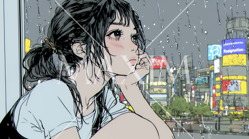 思案・反省・諦め? 窓から流れ落ちる雨粒を見つめる若い女性