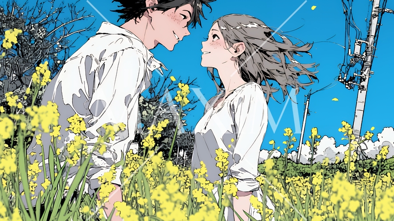 菜の花畑でデートをしている若いカップル