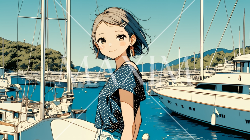 沖縄のヨットハーバーに立つ若い女性