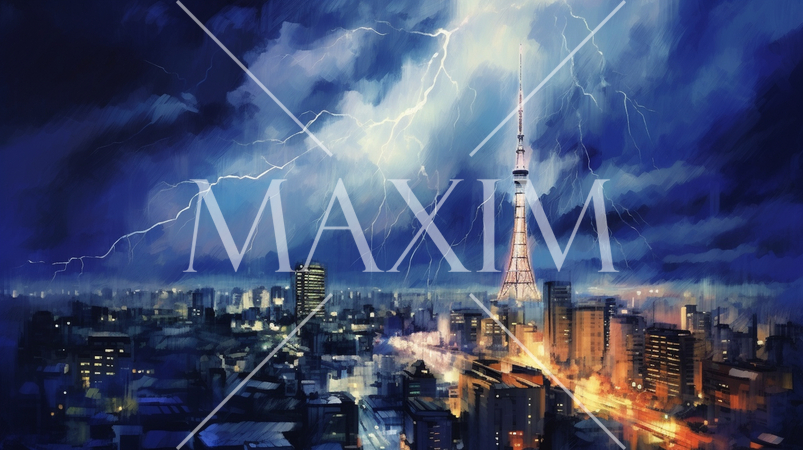 夜の街の落雷-水彩画