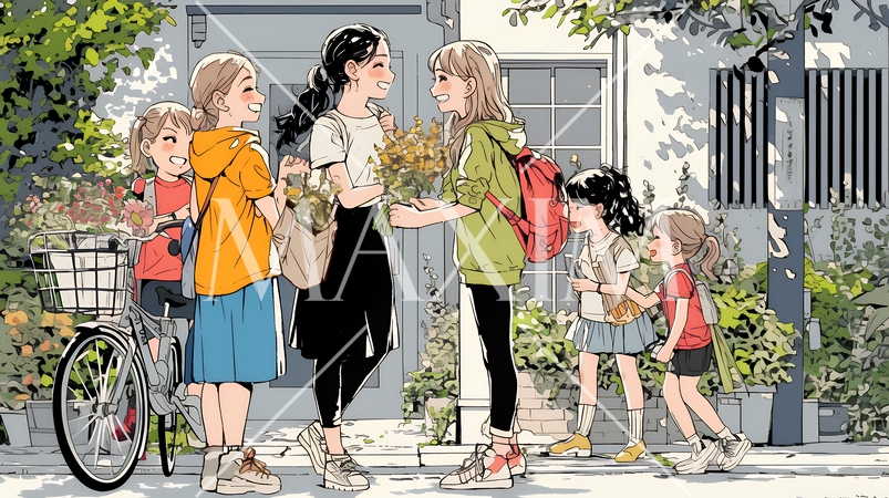 道端で会話を楽しむ若い主婦たち（ママ友たち）