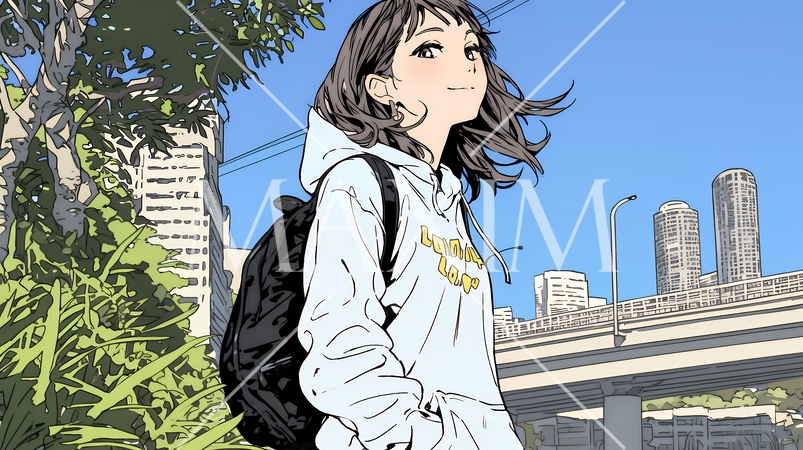 休みの日、自宅の近所を散歩している若い女性