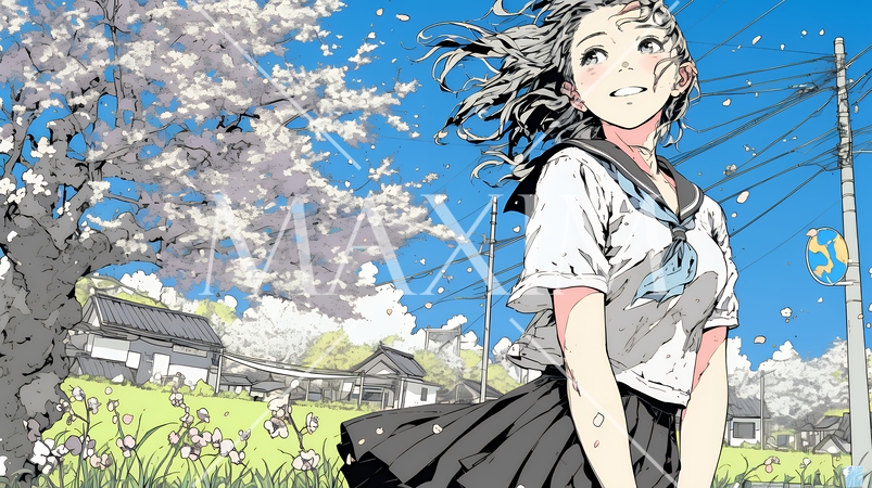 スカートを揺らしながら春風と戯れている若い女性