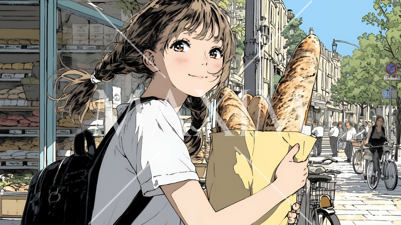 近所のパン屋で焼きたてパンを買う若い女性