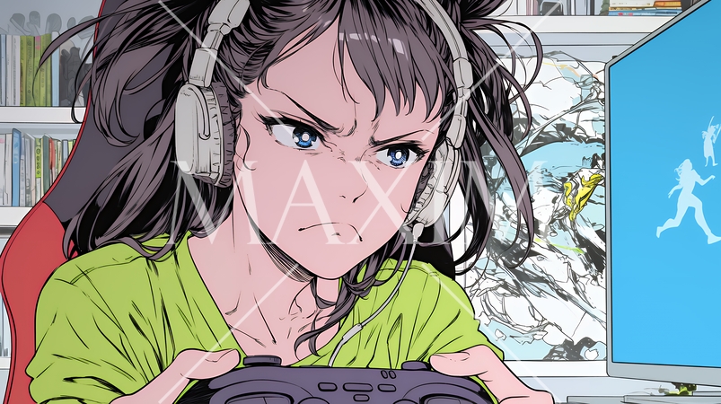 対戦型テレビゲームに没頭している若い女性