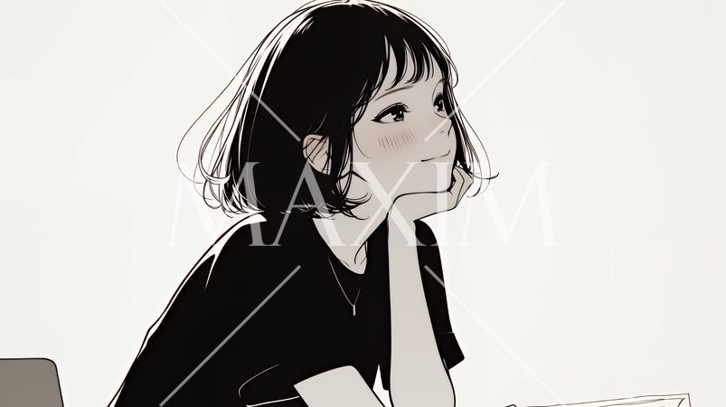 会議で発表している男性に魅了され、新しい恋の予感を抱いた若い女性（シンプルな色使い）