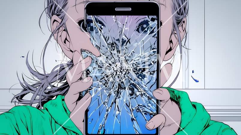 画面が壊れたスマホを手に持つ若い女性