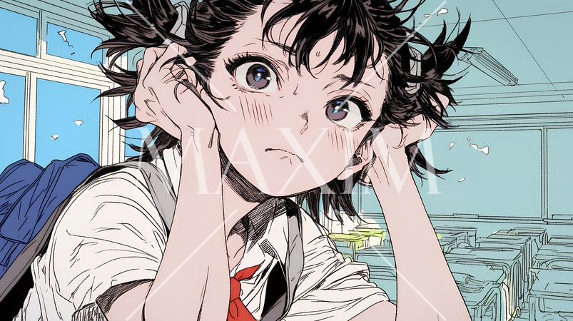 パニック状態の制服を着た女子高生