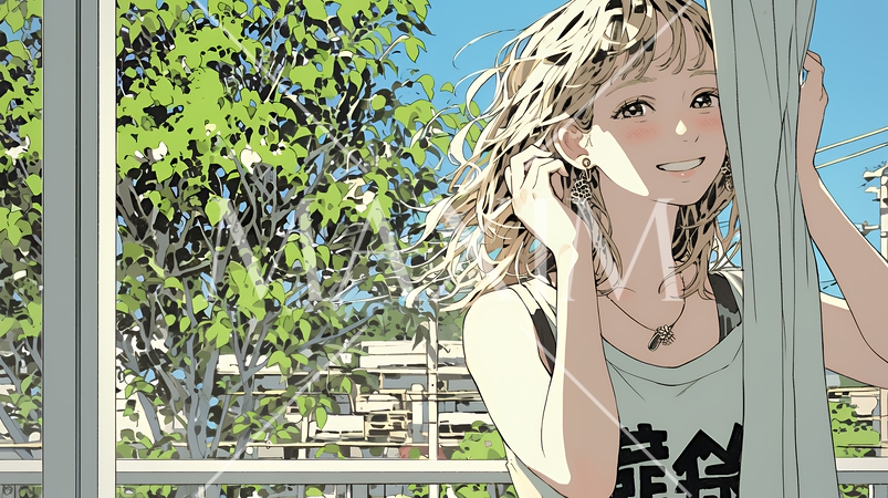 朝、カーテンを開けて天気を確認する若い女性