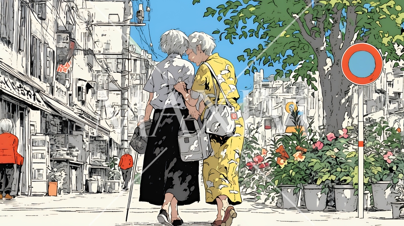 歳をとった二人の女性が連れ立って小旅行