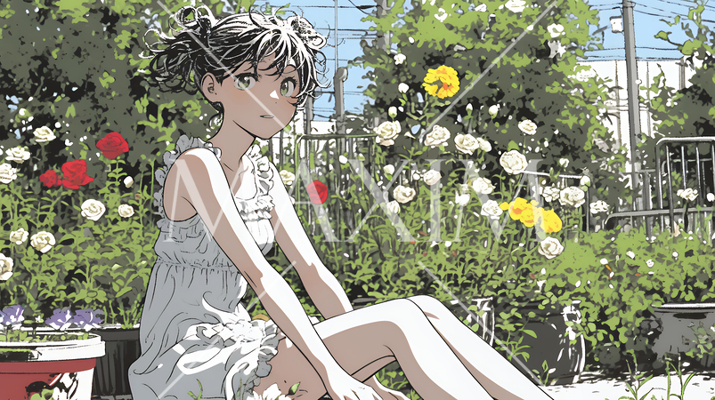 バラ園を散策している若い女性