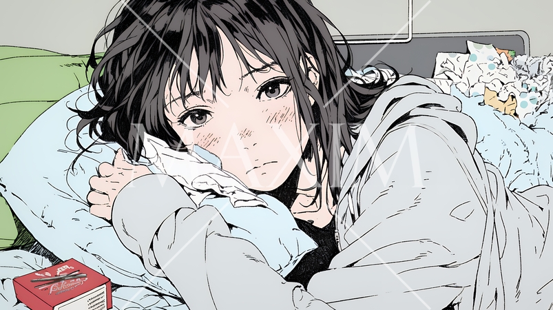 風邪でぐったりと寝込む、一人暮らしの女性