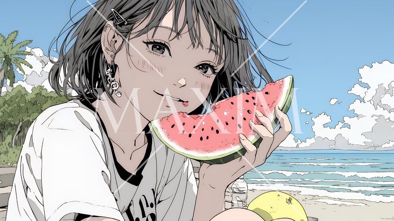 スイカを海辺て食べている若い女性