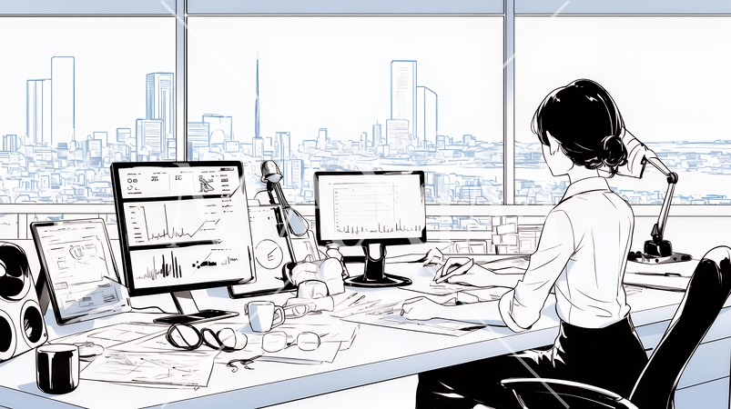 PCを使って企画を練っている女性（シンプルな色使い）