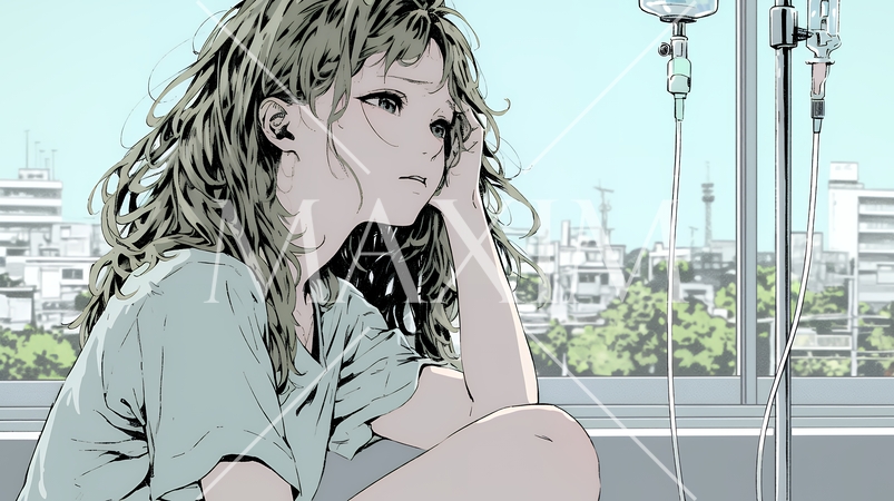 病院のベッドに腰掛けて気落ちしている女性