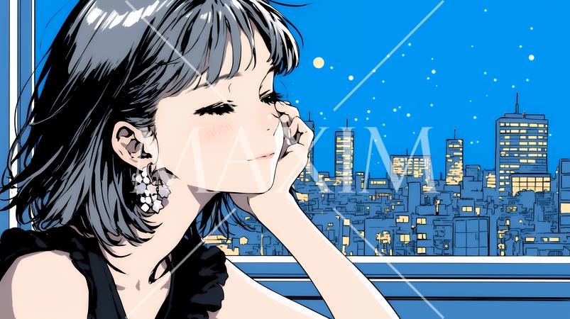 ベランダで夜風に当たりながら都会のランドスケープを眺め休む若い女性