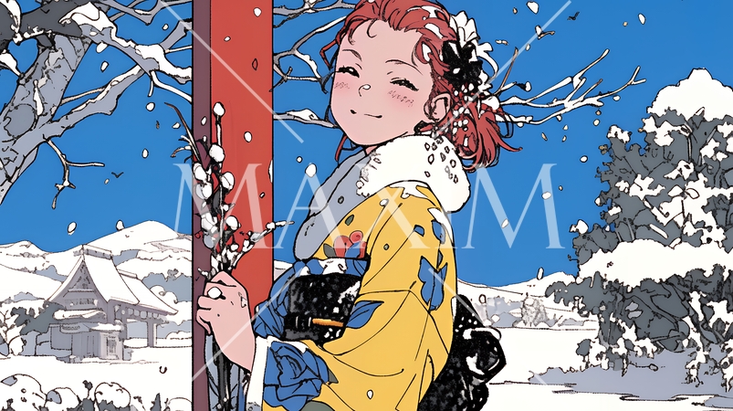 和服を着て初詣をしている若い女性