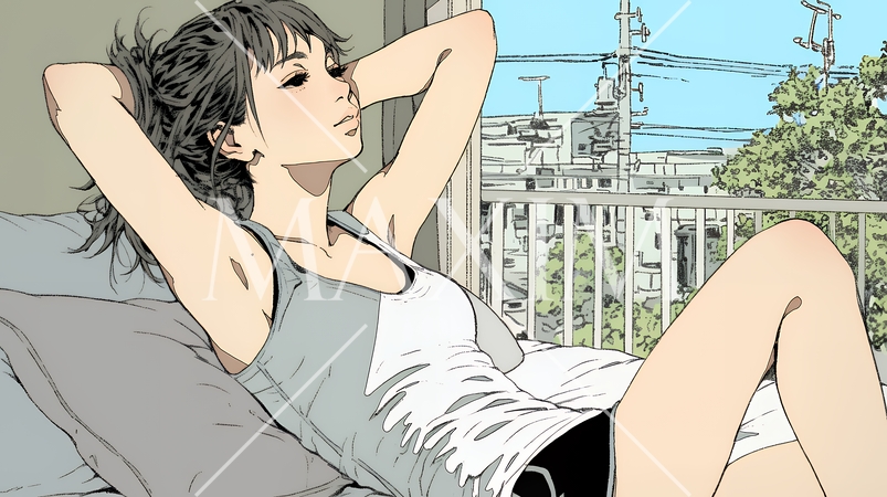 のんびり・ゆったり：朝日を浴びベッドで寛いでいる若い女性