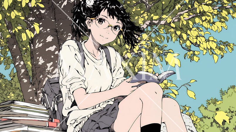 読書の秋：紅葉の木の下で本を読んでいる若い女性