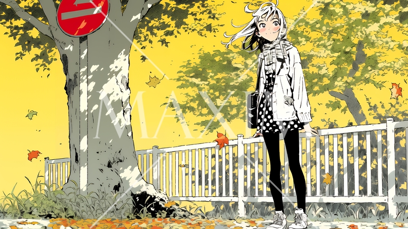 紅葉の小径を歩く若い女性