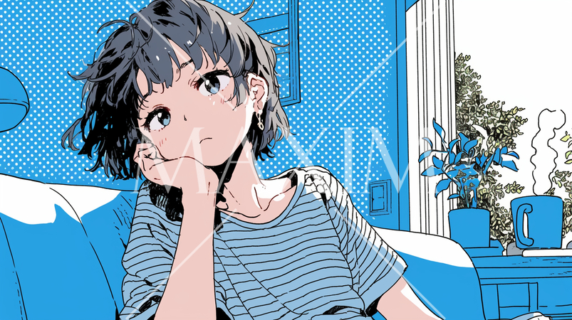 夏の夕刻に近い午後、自宅でなにかけだるそうにしている若い女性