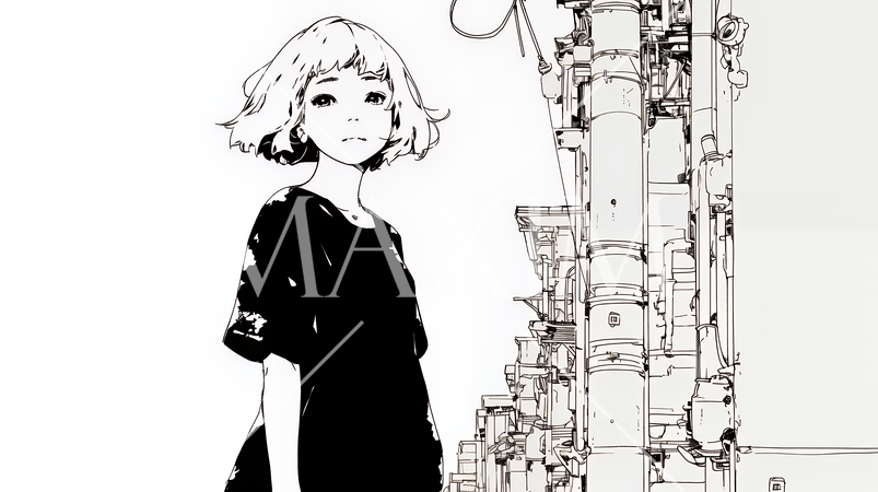 若い女性が佇む都市の街角（シンプルな色使い）