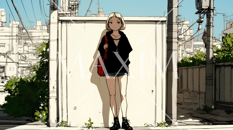 若い女性が佇む都市の街角（シンプルな色使い）