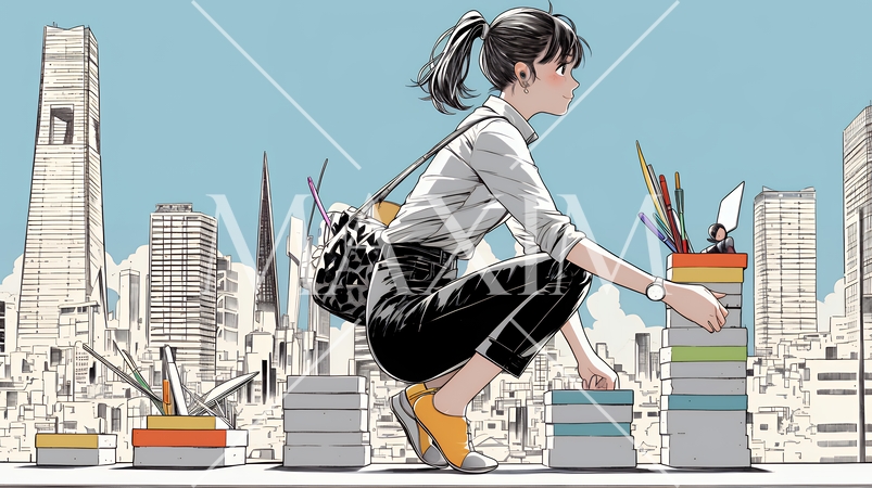 コンクリートブロックを積み上げているビジネスウーマン：計画の段階的積み重ねの比喩