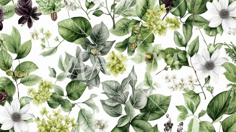 自然要素組合せ背景： 葉、花、枝など自然要素を使った格子模様を作成。自然の美しさや温かみ表現。