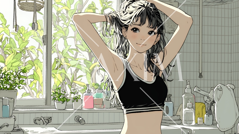 朝支度：洗面所で髪をまとめている若い女性