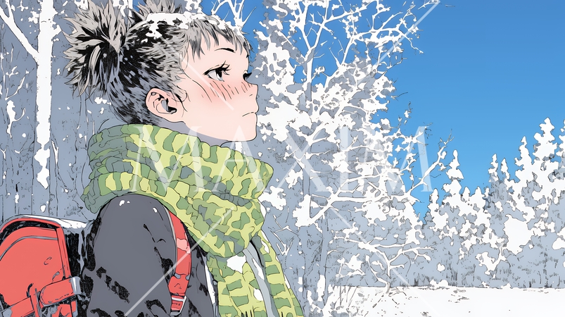 雪の積もる田舎道を歩いている若い女性