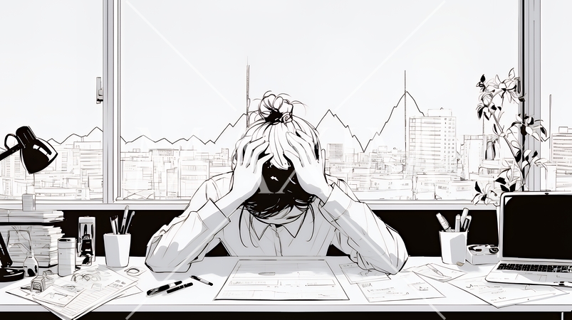 金融市場の急激な変動で頭を抱えている男性（シンプルな色使い）