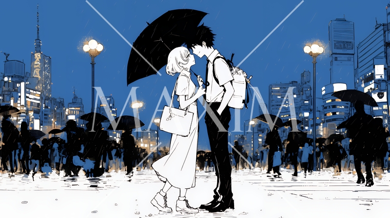 雨の中でデートするカップル（シンプルな色使い）