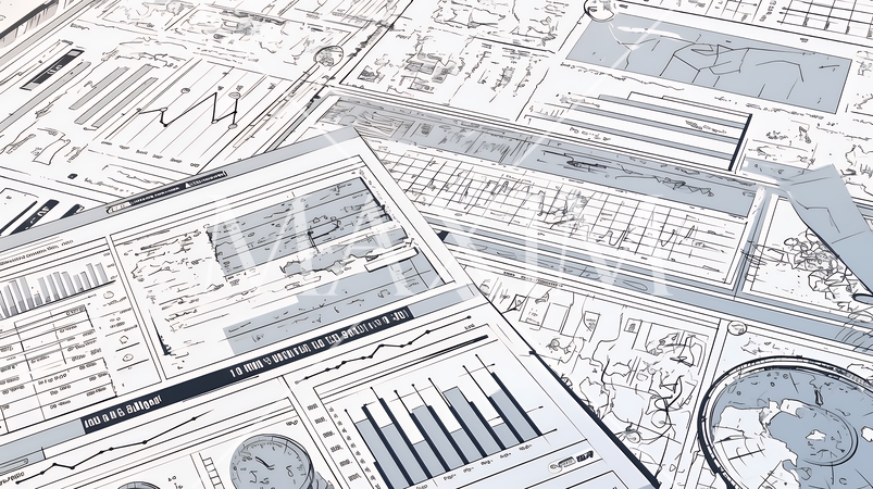 様々なチャートや数値表など様々な計量指標がランダムに空間に散りばめられた背景