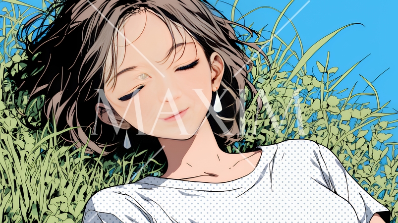 心地よさそうに地面に身を横たえる若い女性