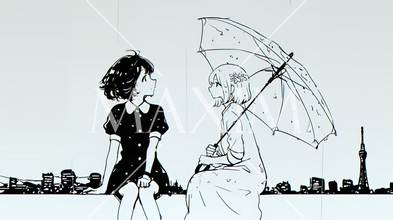 雨の中、友だちと話す女性（シンプルな色使い）