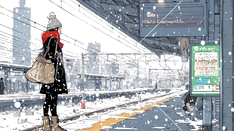 雪の降るホームで電車待ちをしている若い女性
