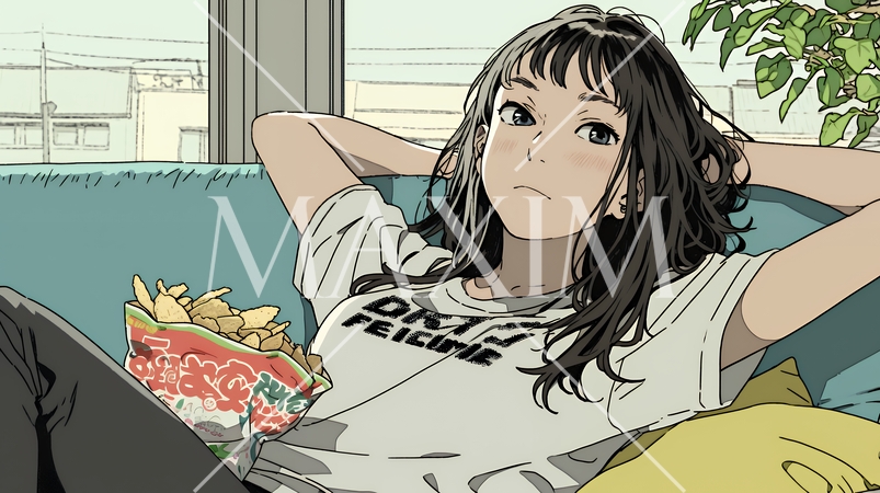 ポテトチップスをつまみながら、ひとりでビデオを観る若い女性