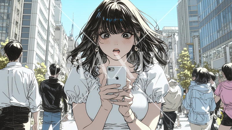 スマホの画面を見て驚いている若い女性