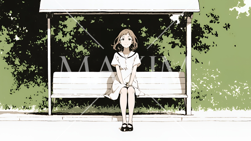 公園のベンチでひとり静かにくつろぐ若い女性（シンプルな色使い）