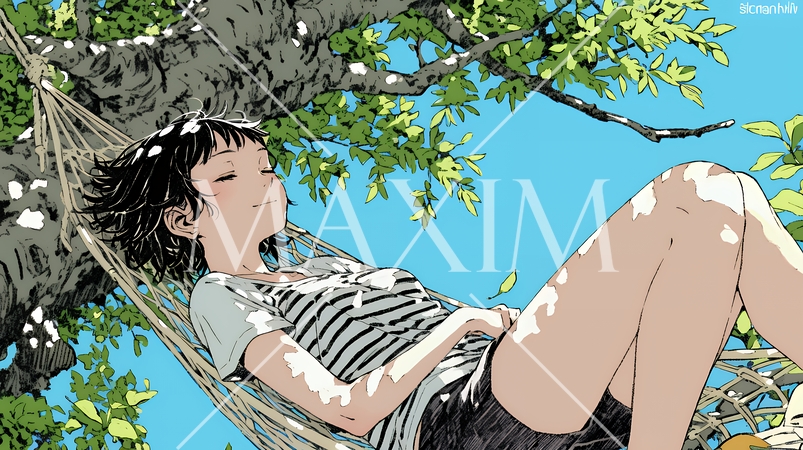 のんびり・ゆったり：夏の昼下がり木陰のハンモックで寛いでいる若い女性