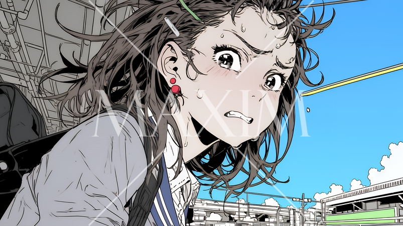 パニック状態の制服を着た女子高生