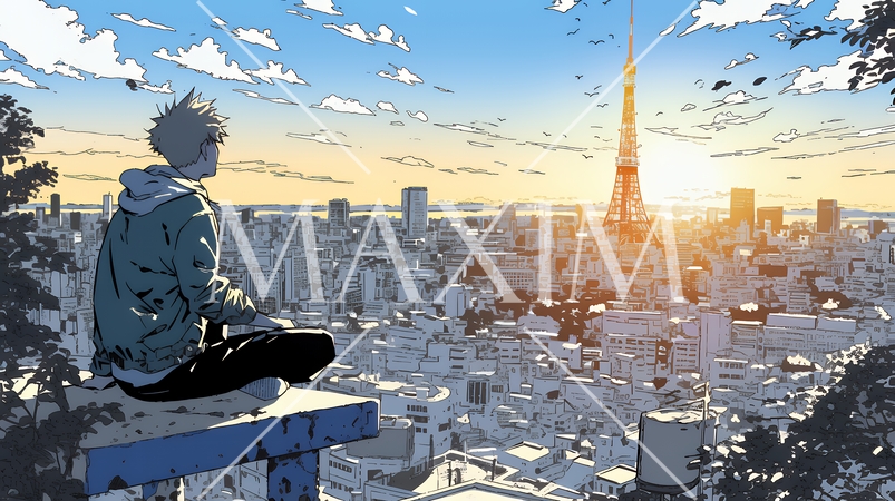 大都会の日没（日の出）とランドスケープを眺めている若い男性