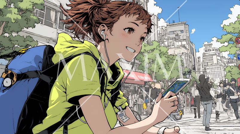 スマホの地図アプルを頼りに目的地に向かって歩いている女性：歩きスマホ