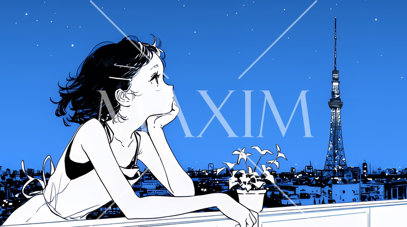 ベランダで夜風に当たりながら都会のランドスケープを眺め休む若い女性（シンプルな色使い）