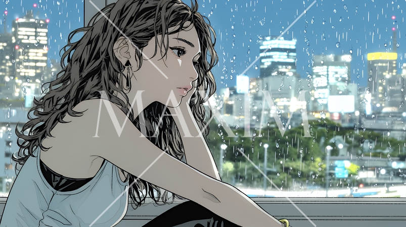 思案・反省・諦め? 窓から流れ落ちる雨粒を見つめる若い女性