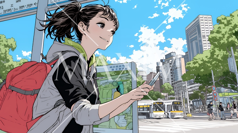 一人旅の旅先、街角で足を止めて道を確かめる若い女性