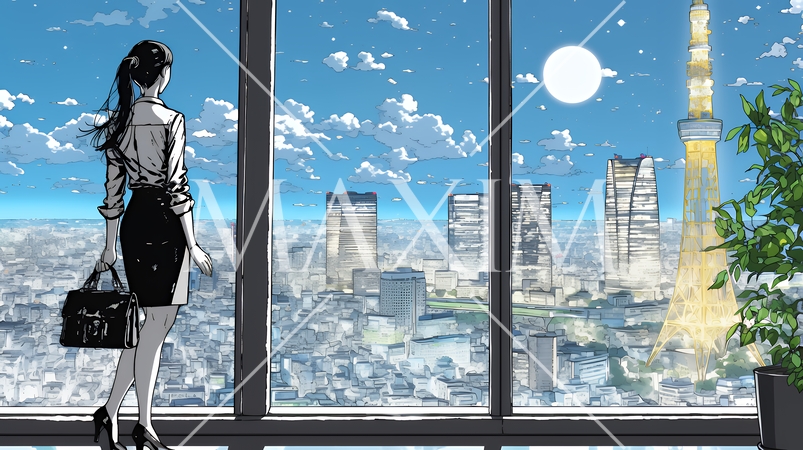 高層ビル群を見下ろすキャリア女性