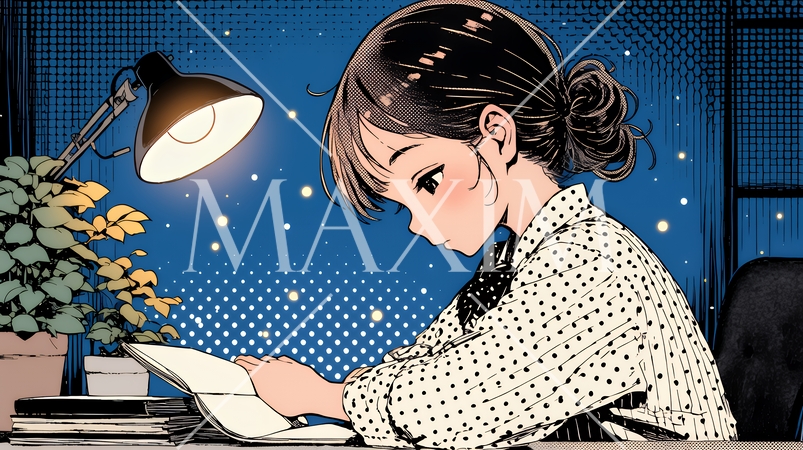 資料（本）を読みながら、うとうと眠ってしまう若い女性