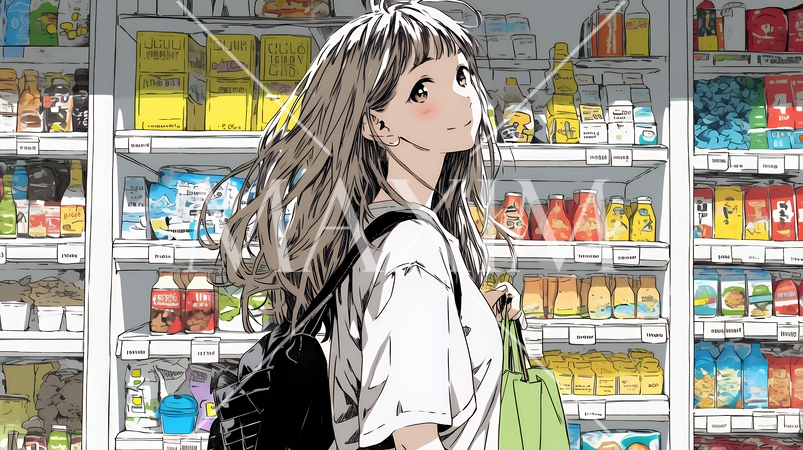 スーパーマーケットで買い物をしている若い女性